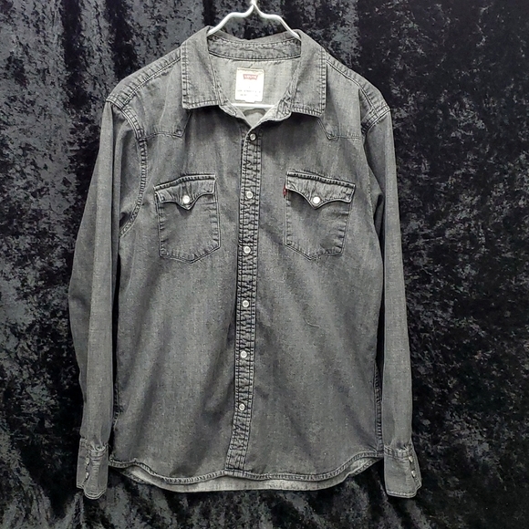 Levis Mens Denim Long Sleeve Pearl Snap Button Up Shirt Sz Large Black/Dark Gray - Picture 1 of 3
